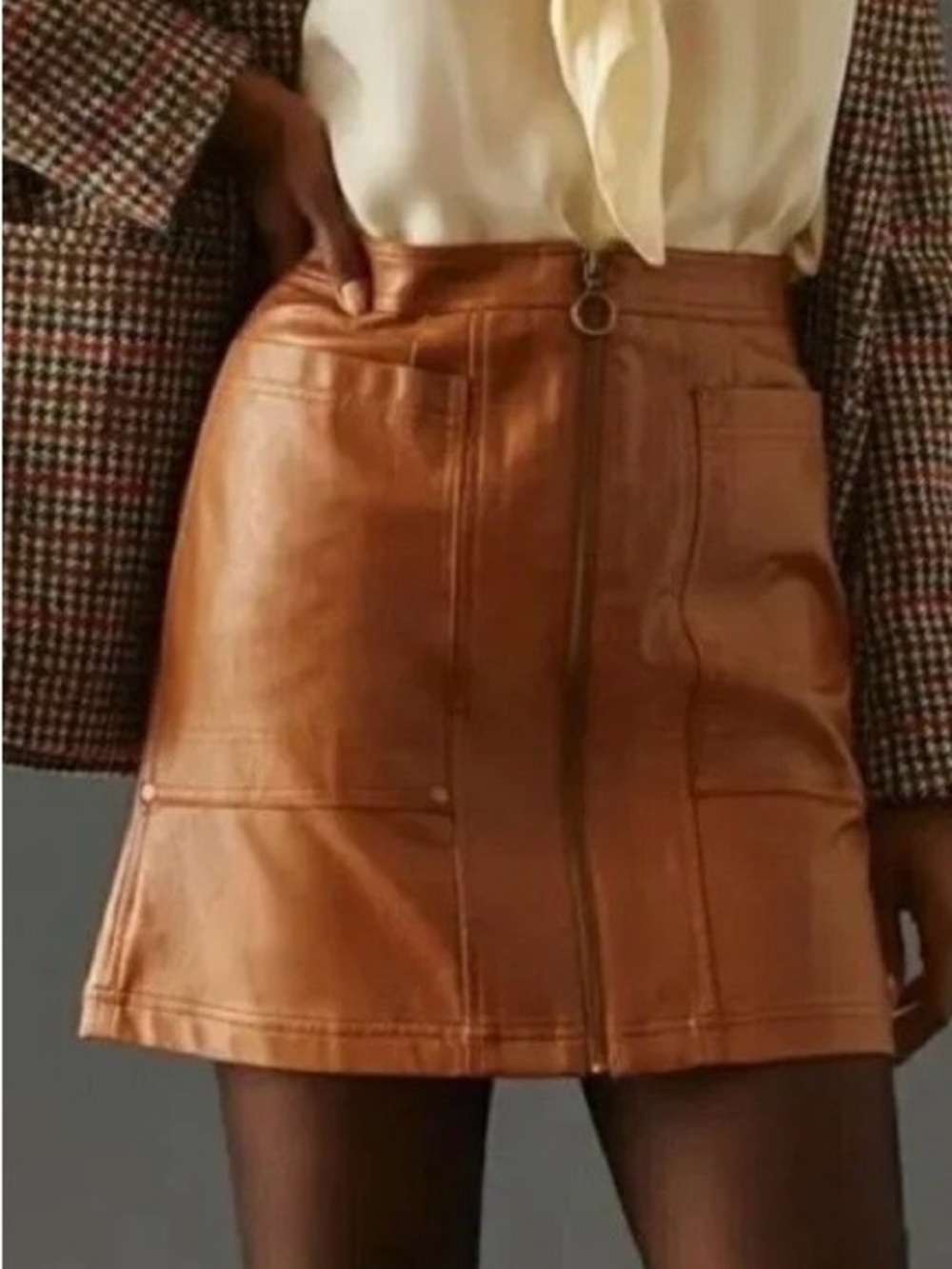 Anthropologie Pilcro Brown Faux Leather Mini Skirt with Front Zip